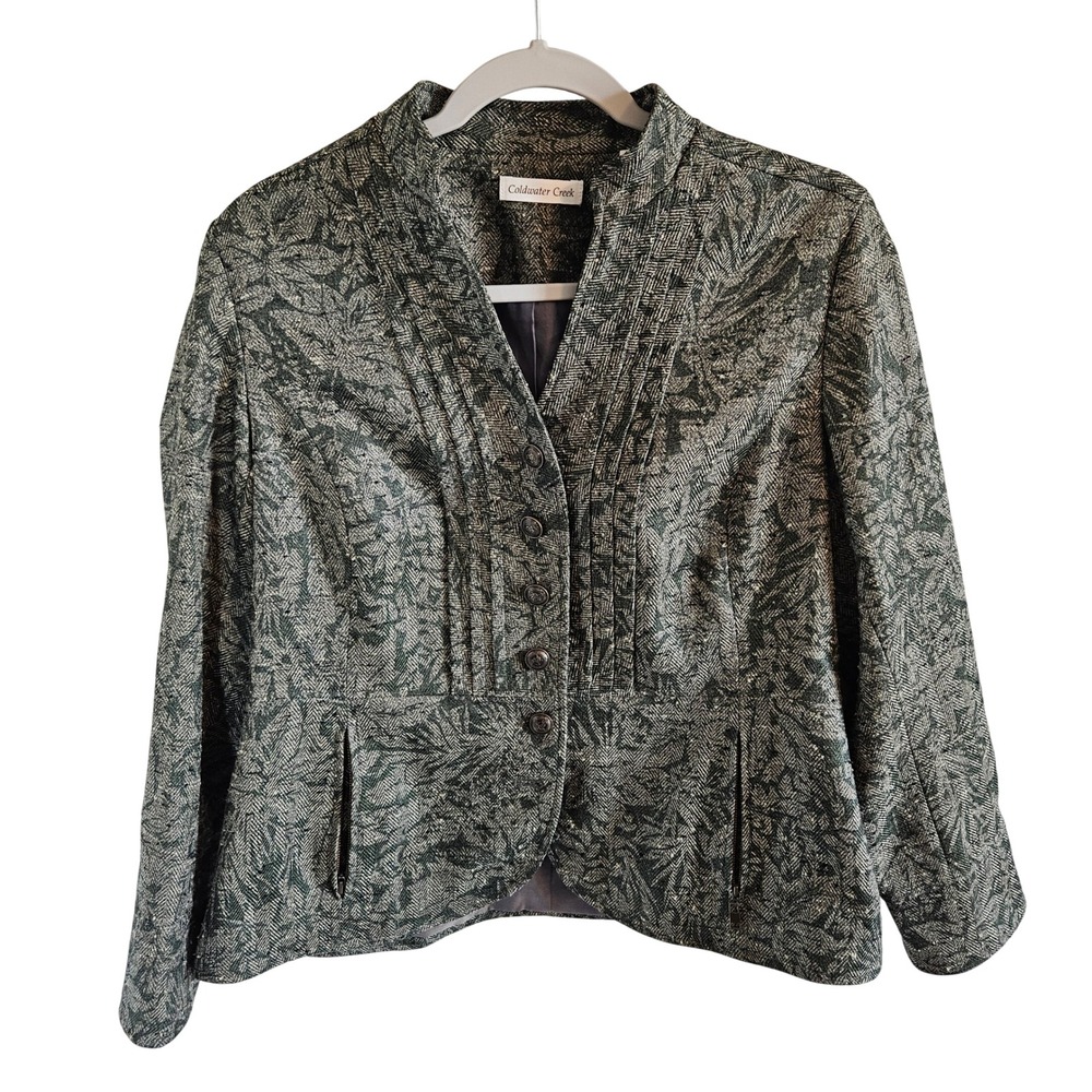 Coldwater Creek Botanical Herringbone Blazer Jacket Olive Green Grey Petite 12